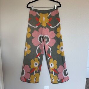 Davi & Dani Floral Knit Wide Leg Pants Green Retro Style Whimsy Artsy Funky